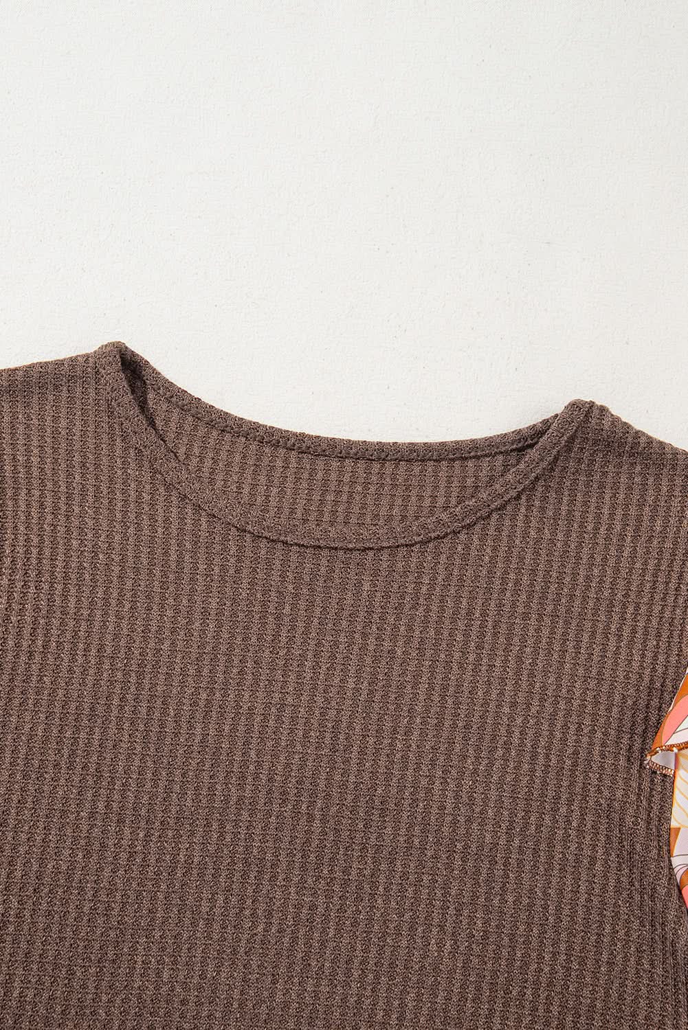 Coffee Ruffled Floral Sleeve Patchwork Waffle Knit O Neck Blouse - Love Salve